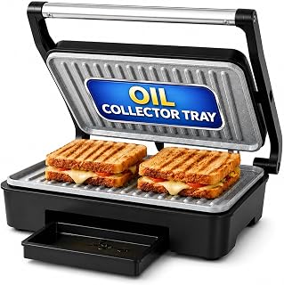Glen Press Grill Sandwich Maker | Heavy-Duty Ceramic Non-Stick Plates | PFOA & PTFE Free | Healthy Low-Oil Cooking | Non-Toxic Surface | Oil Collector Tray | Strong Safety Handle | 2-Year Warranty