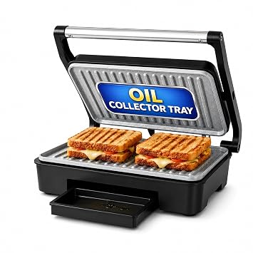 Glen Press Grill Sandwich Maker | Heavy-Duty Ceramic Non-Stick Plates | PFOA & PTFE Free | Healthy Low-Oil Cooking | Non-Toxic Surface | Oil Collector Tray | Strong Safety Handle | 2-Year Warranty