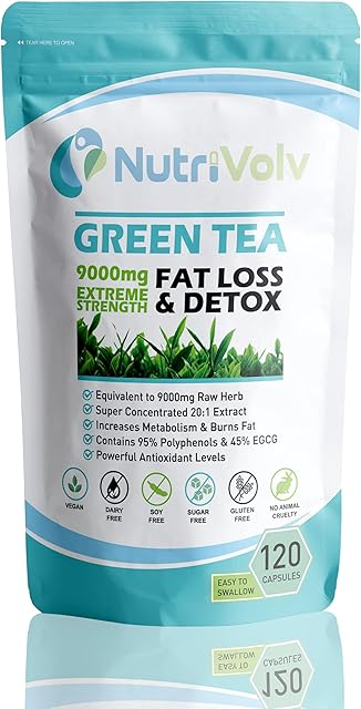 Green Tea Extract Supplement 9000mg maintaining a Healthy Metabolism, Cardiovascular System, and Immune System, perfect for Weight Loss, Slimming Aid, & Detox | 120 Capsules
