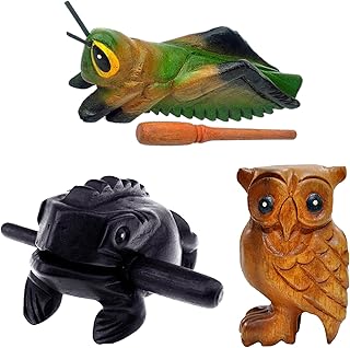 3 Pcs Handmade Wooden Percussion Instruments Animal Set, 3 Inch Wooden Frog, 4 Inch Wooden Cricket, and 2.3 Inch Wooden Owl, Artistic Craft and Unique Gift (Small)