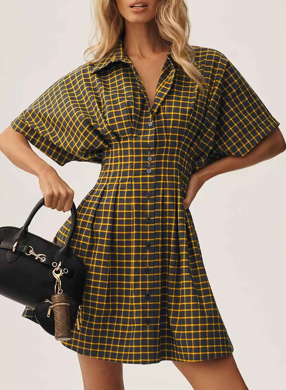 Dokotoo Women's Shirt Dress Casual Button Down Short Sleeve Collared Dresses Summer Shirred High Waist Plaid Gingham Dress - Image 3