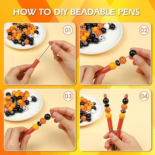 Miniatura 6 de NEWEST Juego de 12 bolígrafos deportivos con cuentas, kit de fabricación de bolígrafos de baloncesto de plástico, incluye 48 cuentas para