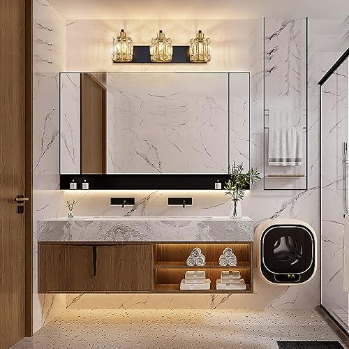 Miniatura 8 de Lámpara de tocador de baño de 3 luces, lámpara de cristal sobre el espejo, luces giratorias de pared interior negro mate y dorado  Pantalla moderna