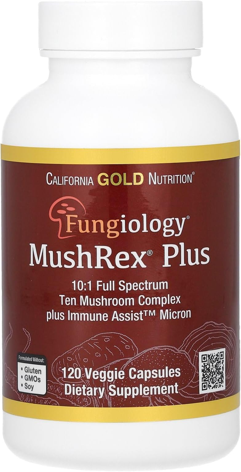 California Gold Nutrition Fungiology, MushRex Plus, Full-Spectrum Ten Mushroom Complex with Agaricus, Chaga, Cordyceps, and Lion's Mane, 120 Plantcaps