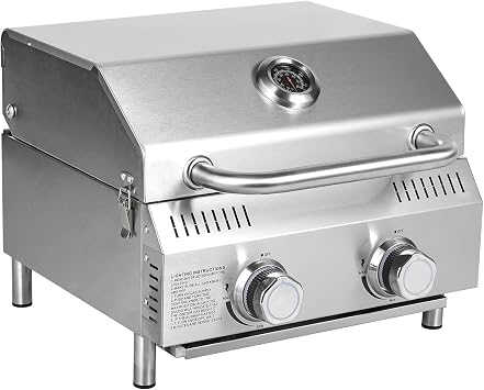 Bestfire Tabletop Gas Grill 2 Burners, 20,000 BTUs Stainless Steel Portable Propane Grill with Legs for Outdoor Patio Backyard Camping, Tailgating, and RV Trips