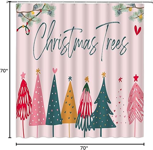 Miniatura 4 de Cortina de ducha de árbol de Navidad, color rosa, verde, estrella de árbol de Navidad, copo de nieve, feliz Navidad, rústico, invierno, vacaciones,
