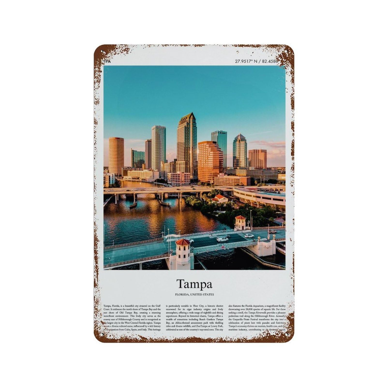 xiaoxiaoshen Tampa Florida, United States, USA City Scenery Wall Decor Art Metal Tin Poster Modern Home Decor Art Home Bar Shop Decorations Vintage Sign 30x20cm