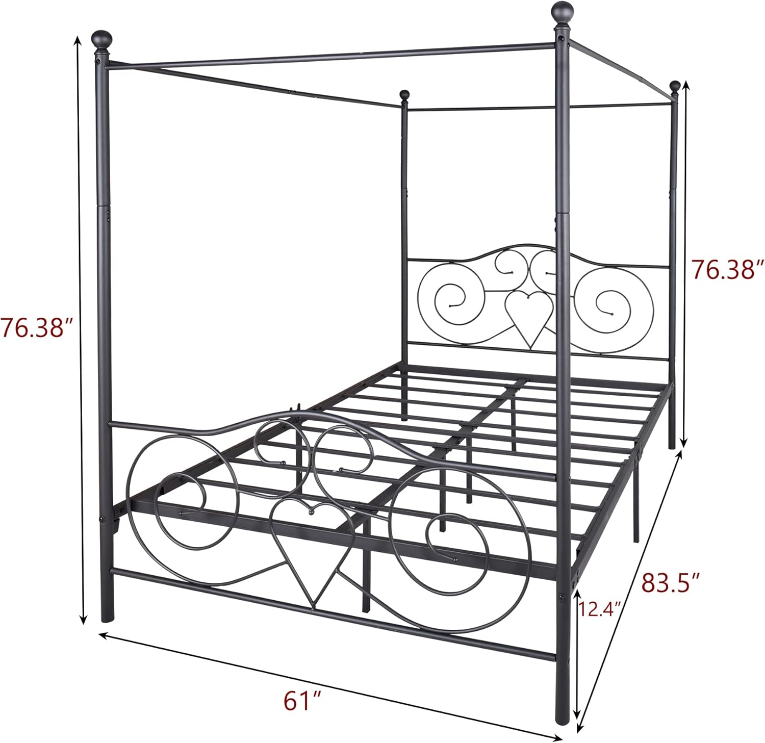 Queen Size Metal Canopy Platform Bed Frame Four-Poster Canopied Bed Mattress Foundation with Headboard and Footboard No Box Spring Needed Easy Assembly