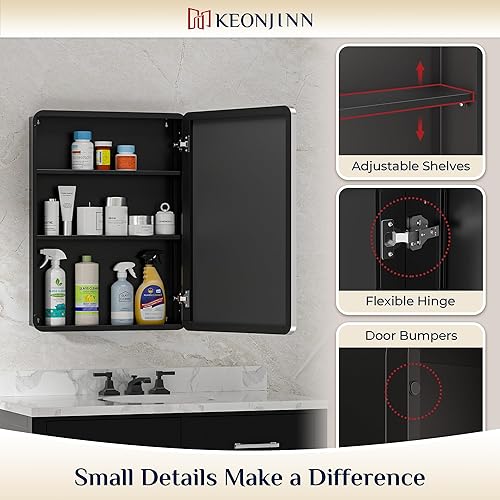 Vista 7 de Keonjinn Espejo de botiquín cromado de 16 x 24 pulgadas, botiquín empotrado para baño, elegante marco de acero inoxidable, estantes ajustables