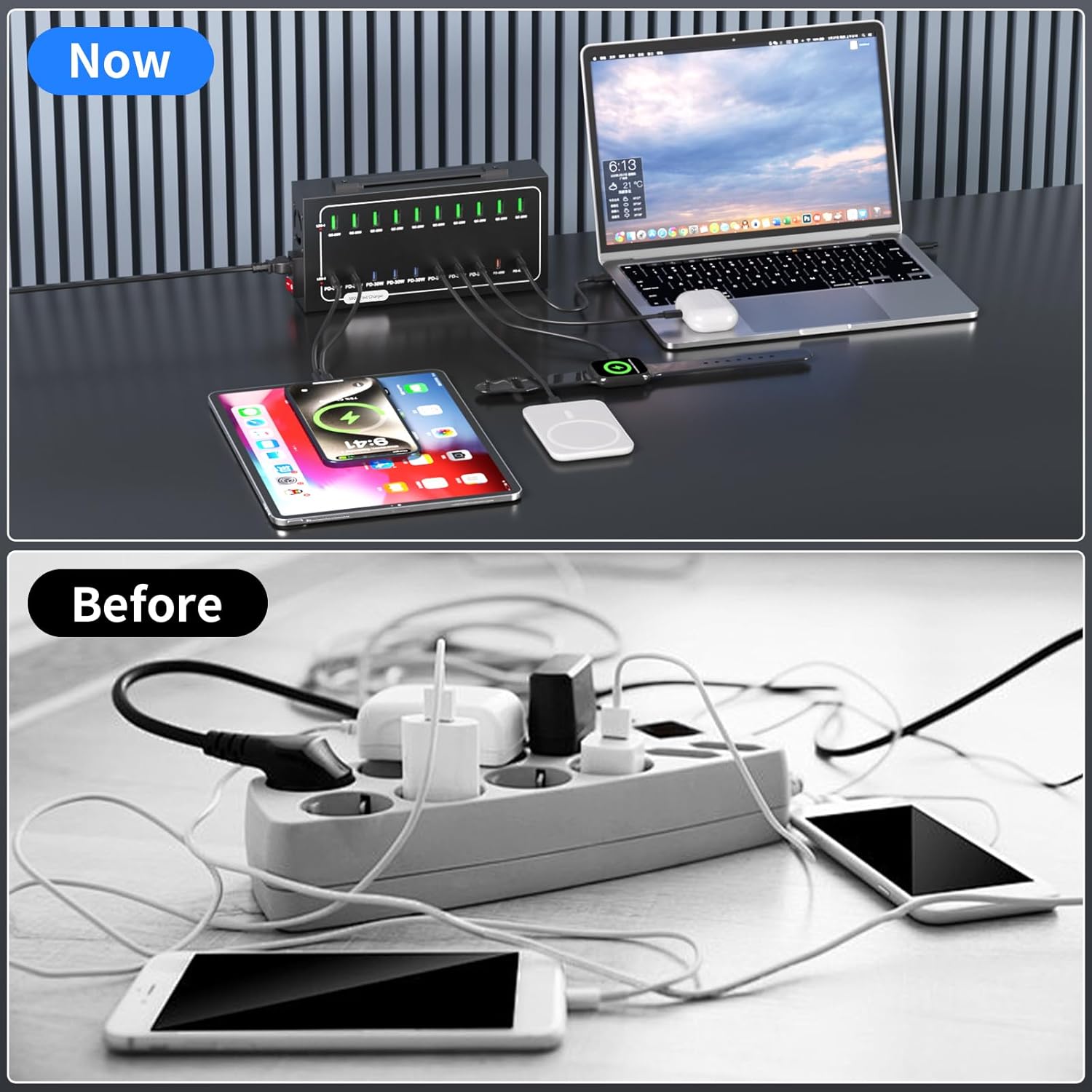 580W USB Charging Station, 20 Port (10 PD+10 QC) USB C Charger Block, Fast Charging Station for Multiple Devices with Smart Power Delivery for iPhone, iPad, Tablet and More