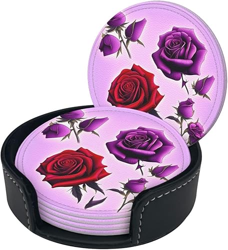 Miniatura 2 de Red and Purple Roses Fashionable Printed Leather Coaster Set,A Set of 6 Pieces,4 Inches in Diameter,Adding an Artistic Atmosphere to Your Desktop