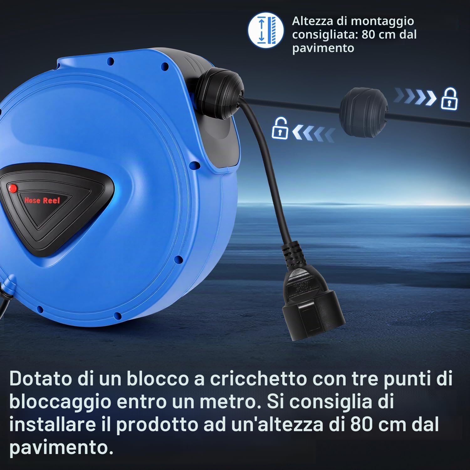 Fiqops Avvolgicavo automatico, 20 m + 1,5 m, montaggio a parete, girevole a 180°, avvolgicavo automatico per officina e stoccaggio, con funzione stop, avvolgicavo (spina singola)