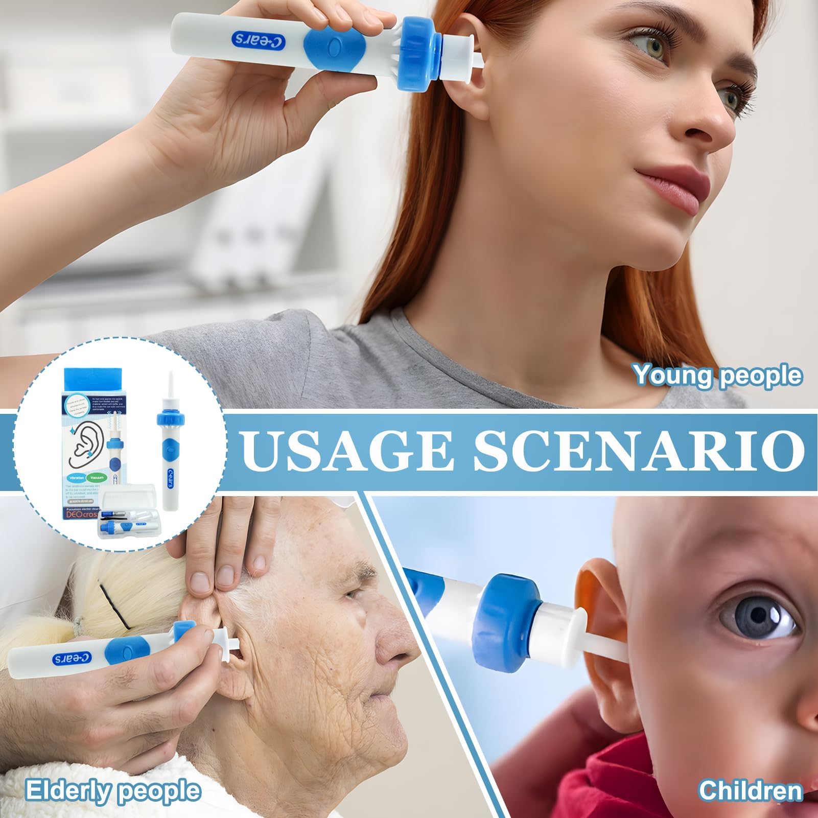 Aspiratore Cerume Orecchie Elettrico con 2 Testine Lavabili, Pulisci Orecchie a Vibrazione e Aspirazione, Pulizia Orecchie Sicura e Delicata per Adulti e Bambini, Aspira Cerume Professionale