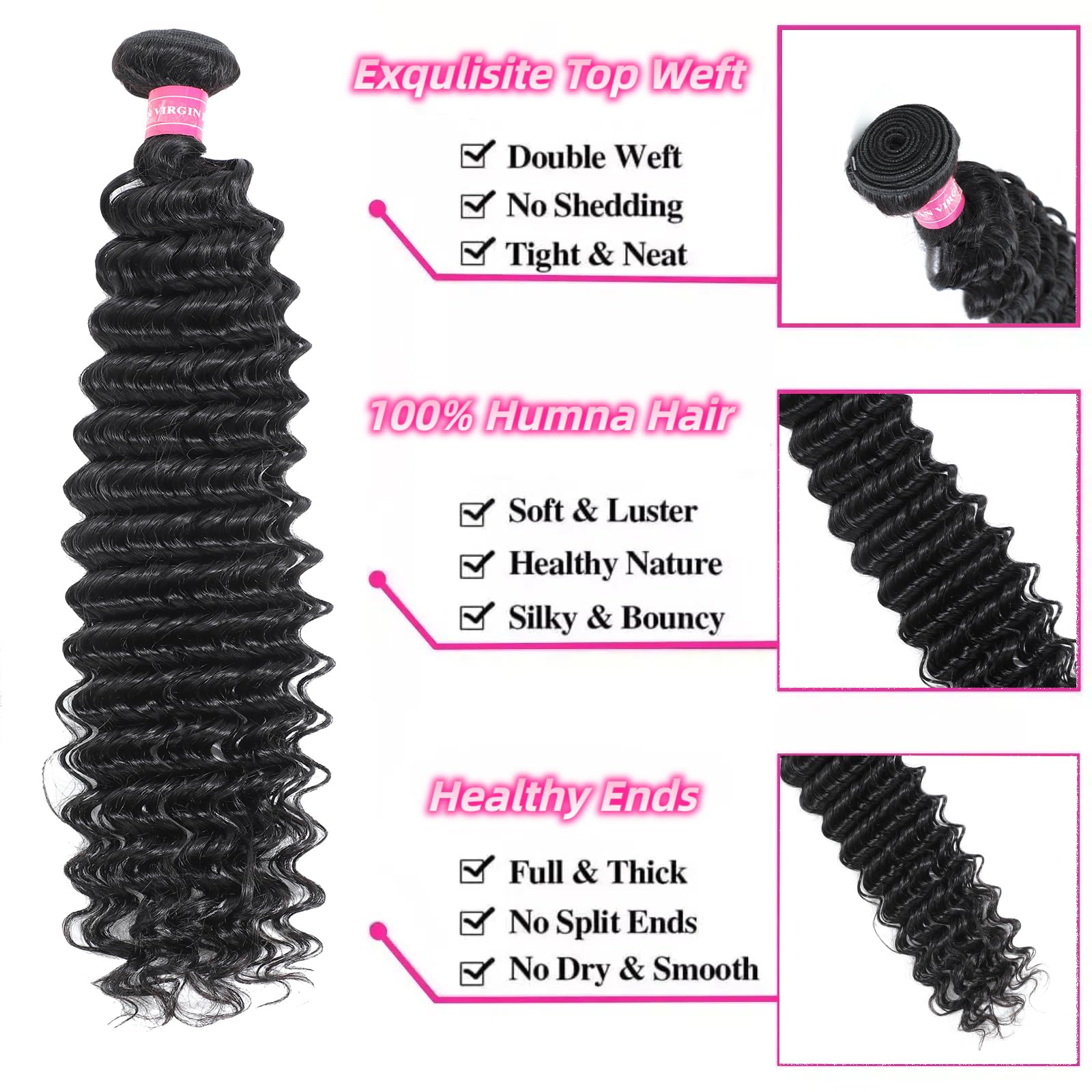 Deep Wave Human Hair Bundles 20-24 Inch 3 Pack Brazilian Virgin Hair 12A Brazillian Deep Wave Human Hair Bundle - 24 Inch  main image 2
