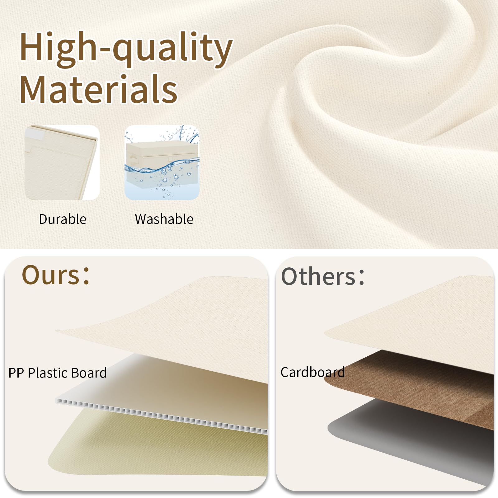 Scatole di Stoccaggio Pieghevoli con Coperchi, Organizzatore Armadio con Manici, Cubo Portaoggetti in Tessuto, per Casa, Ufficio, Scuola, 3 Pezzi, 38x25x25cm, Beige