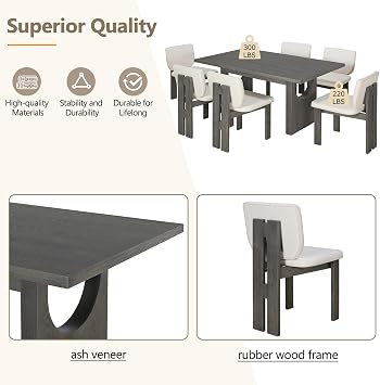 Retro Kitchen Table Set for 6, Wood 7-Piece Retro Dining Room and Kitchen Table Set, Rectangular Trestle Table and 6 Upholstered Chairs for Dining Room and Kitchen, Grey