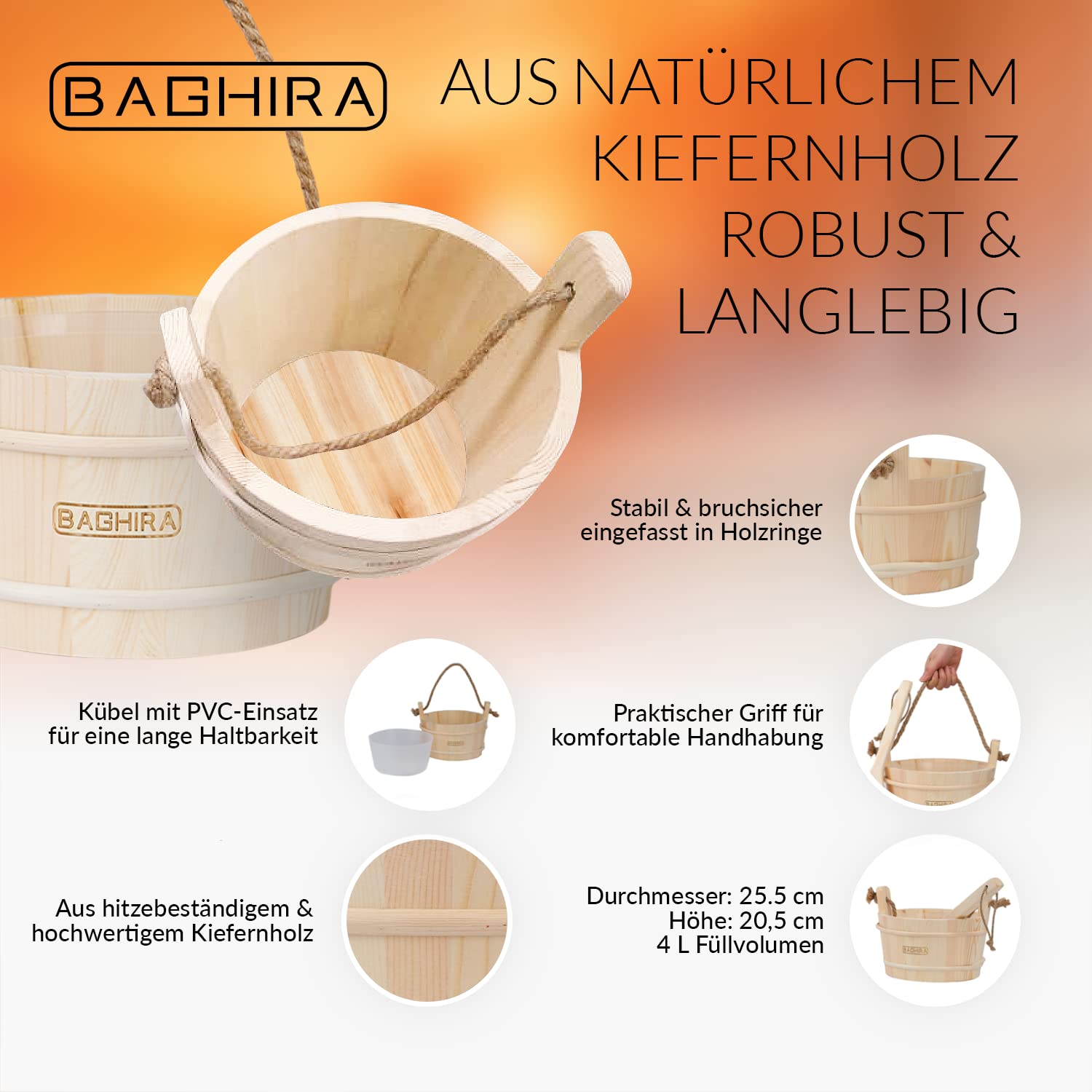 BAGHIRA Lot de 5 seaux de sauna en pin - Avec insert en PVC - Seau de sauna avec truelle, sablier, thermomètre et hygromètre