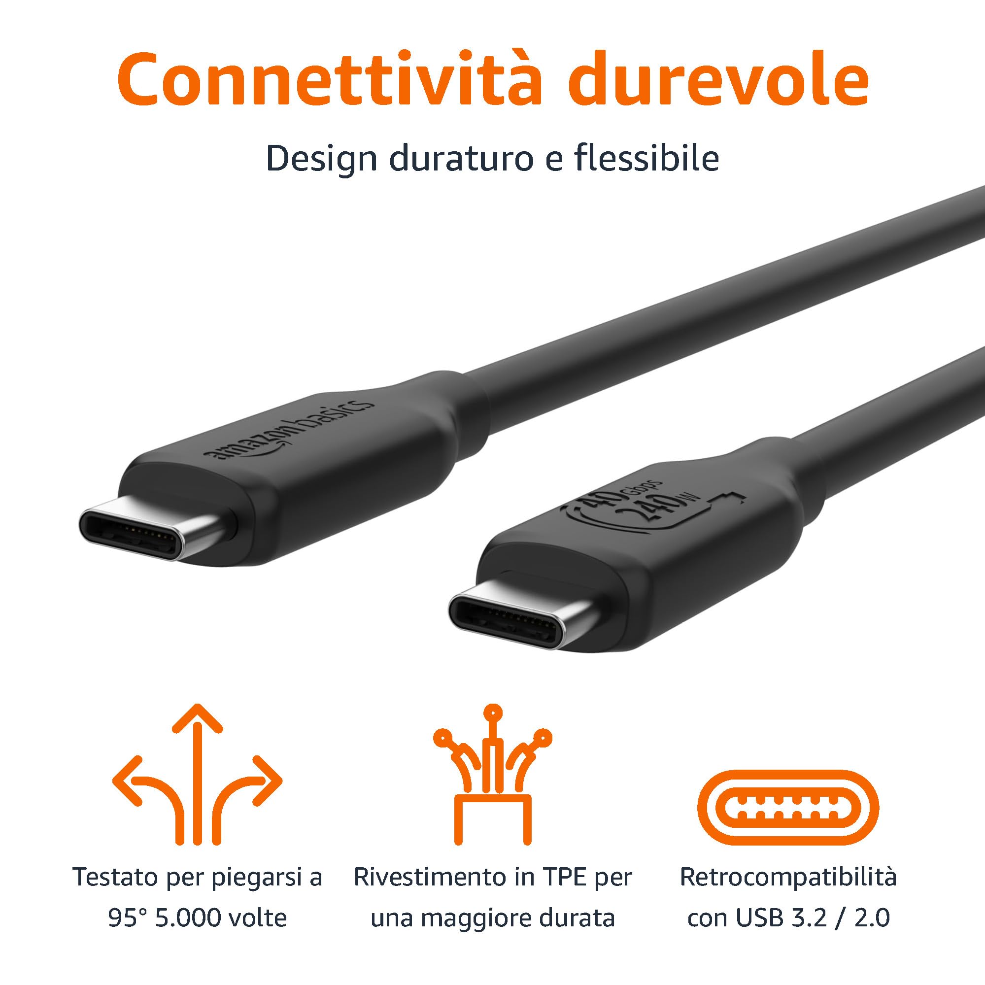 Amazon Basics Cavo di ricarica da USB-C a USB-C 4, 40 Gbps, video 8K, 240 W, cert. USB-IF, compatibile con Thunderbolt 4/3, per iPhone 16/15, iPad, Samsung Galaxy, tablet, laptop, 1 m, nero