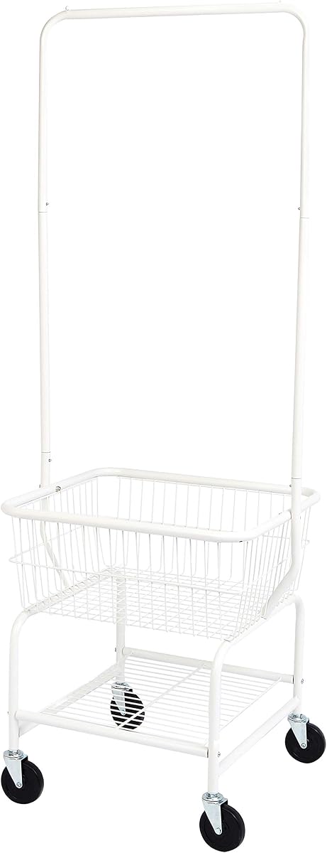 Amazon Basics Cesta rectangular para la colada, carrito de mayordomo con ruedas y estante para colgar, metal resistente, 71,1 pulgadas de altura, color blanco