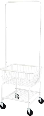Amazon Basics Rectangular Laundry Hamper Basket Butler Cart with Wheels and Hanging Rack, Sturdy Metal, 71.1 inches Height, White