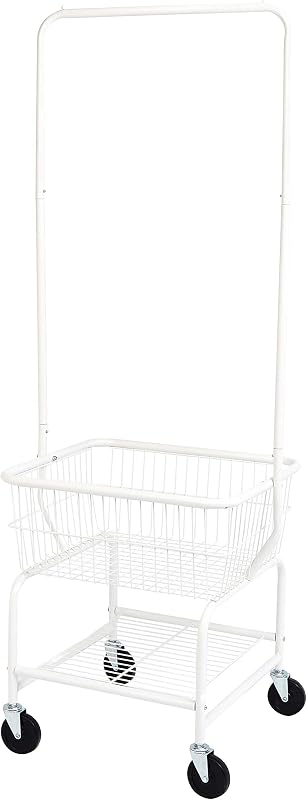 Amazon Basics Cesta rectangular para la colada, carrito de mayordomo con ruedas y estante para colgar, metal resistente, 71,1 pulgadas de altura, color blanco