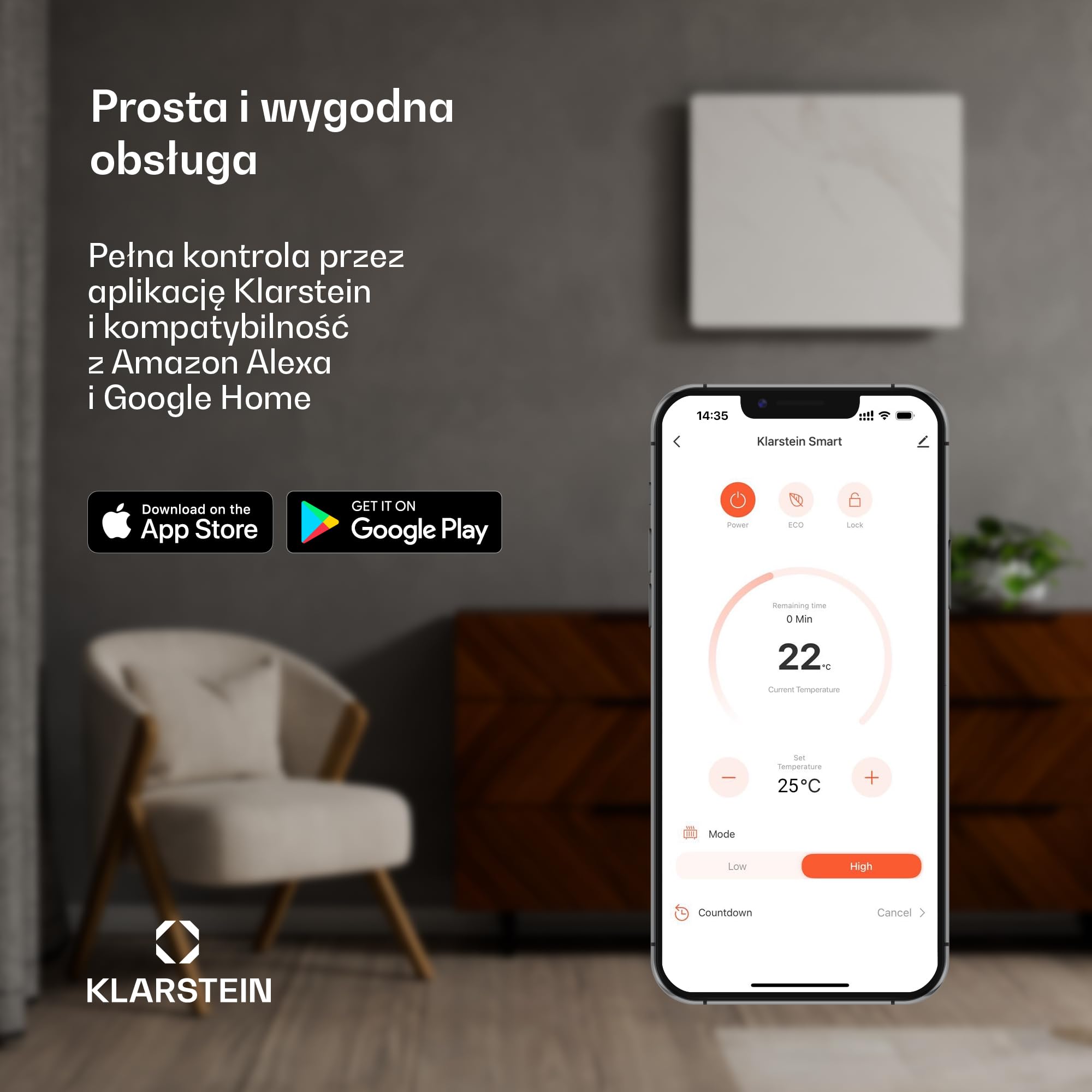 Klarstein Ogrzewanie na podczerwień 600 W – montaż na ścianie i urządzenie stojące, termostat, sterowanie aplikacją, wygląd marmuru, IP43, ochrona przed przegrzaniem, do łazienki i salonu, elektryczne
