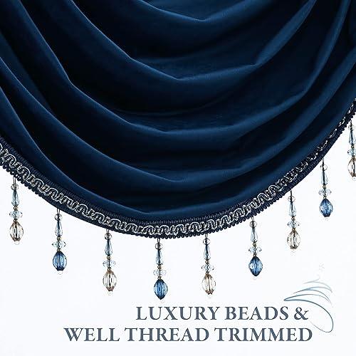 Miniatura 10 de StangH Cortinas de terciopelo con cenefa de cascada para dormitorio, cenefas de privacidad con bolsillo para barra dorada cálida con borlas de