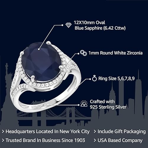Miniatura 2 de Gem Stone King Anillo de plata de ley 925 con zafiro azul para mujer (6.42 quilates, ovalado de 0.472 x 0.394in, piedra natal con piedras preciosas,