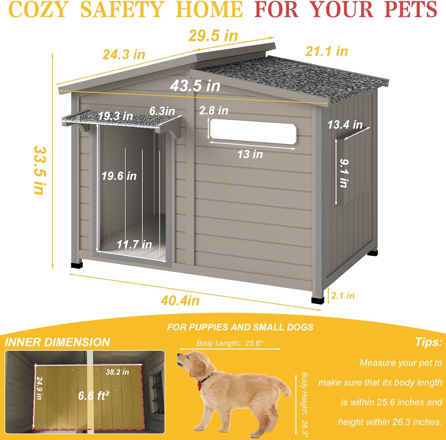 Diagram showing the dimensions of the dog house.