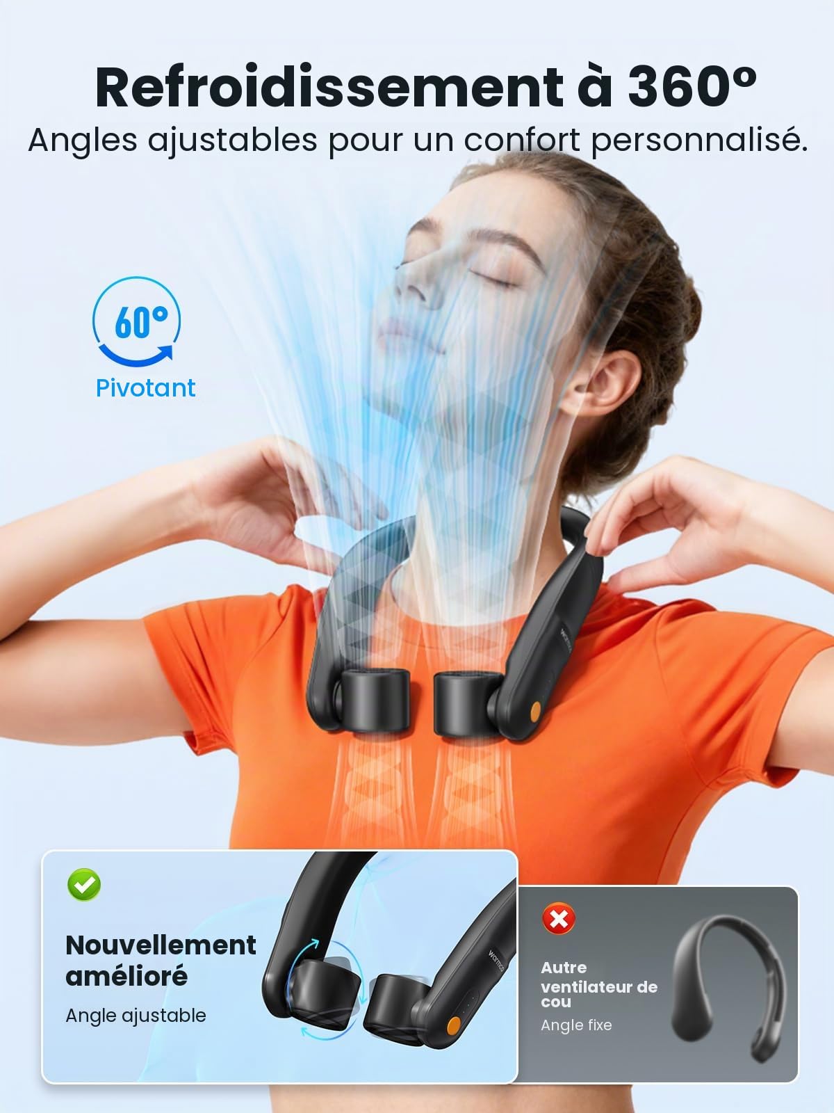 Warmco Ventilateur de cou portable rechargeable, 5200 mAh, fonctionne à piles, ventilateur portable mains libres, ventilateur personnel à 3 vitesses pour voyage, extérieur, maison, bureau, cadeaux