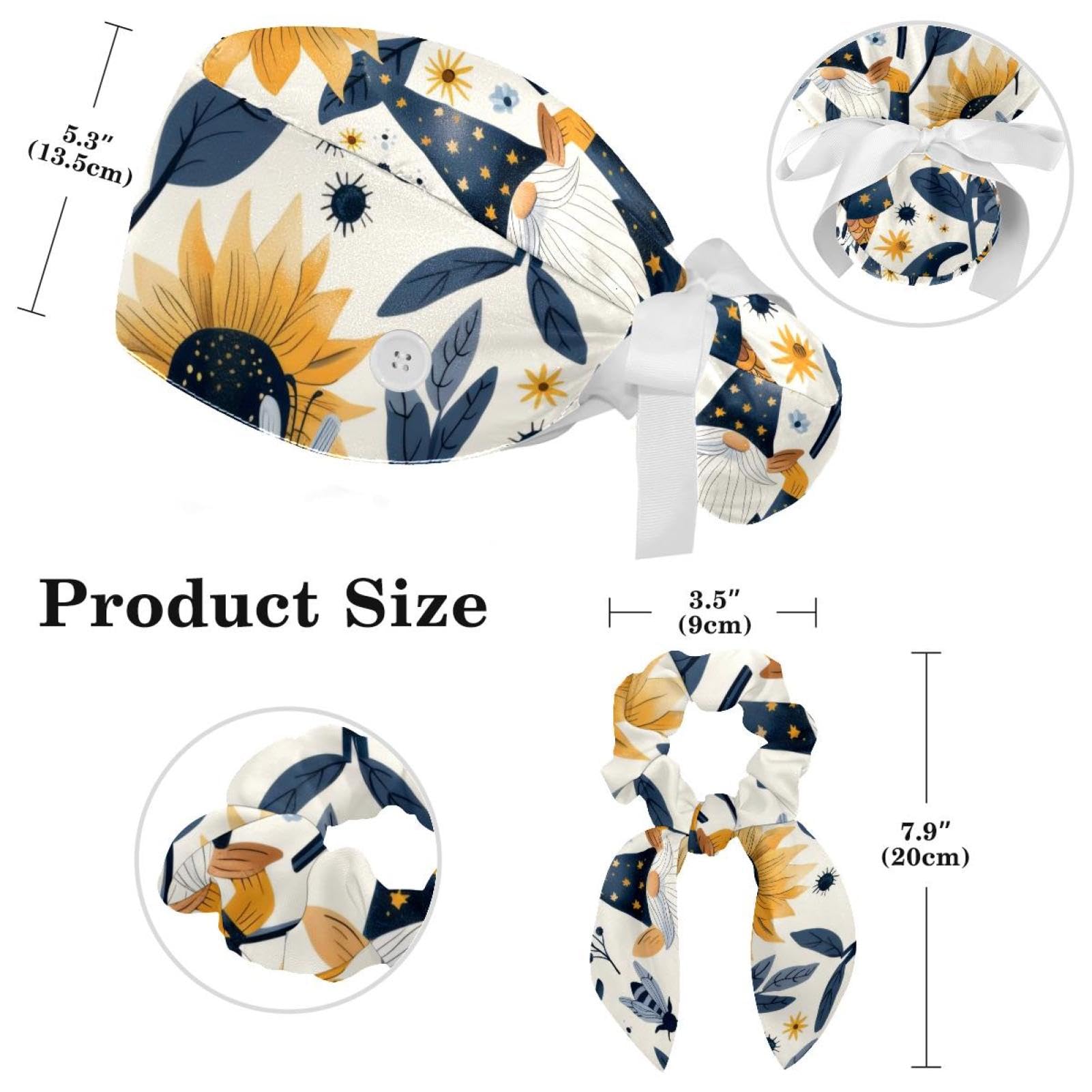 Working Cap with Button & Sweatband, Gnomes Bee Sunflower Adjustable Tie Back Hat Nurse Surgical Cap