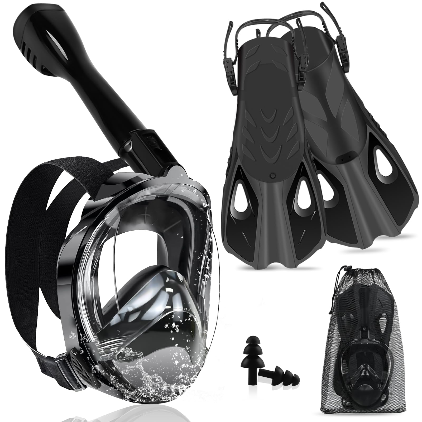 Joellfuner Máscara Snorkel Adulto, 180°Vista Máscara de Snorkel con Anti-Vaho, con Soporte de Cámara, Aletas Ajustables