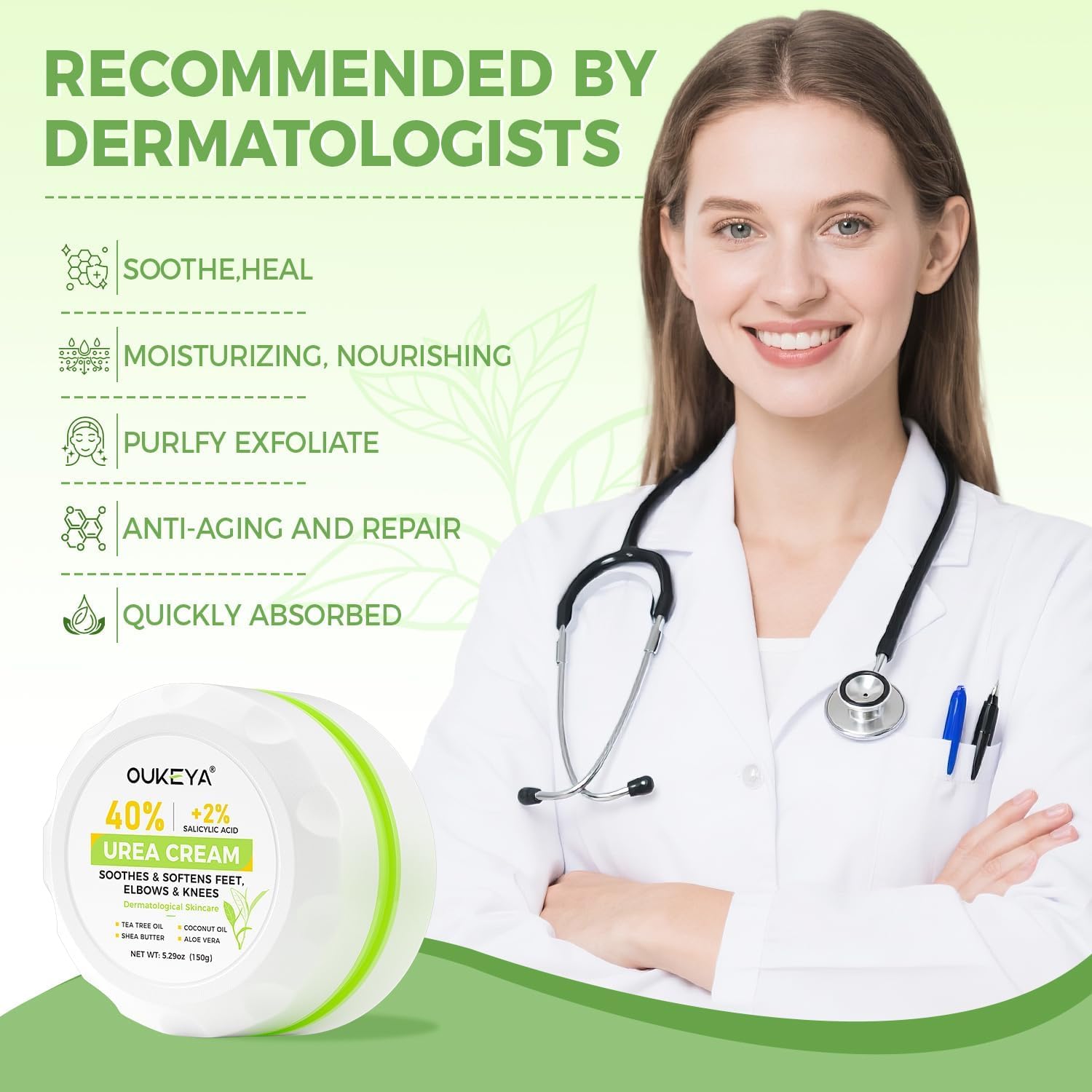 OUKEYA 40 Percent Urea Foot Cream,with Salicylic Acid,Tea Tree Oi & Ceramides,Cracked Heel Smooth | Dry Skin Exfoliator | Nourishes | For Foot,Hands, Elbows, Knees 5.29 Oz
