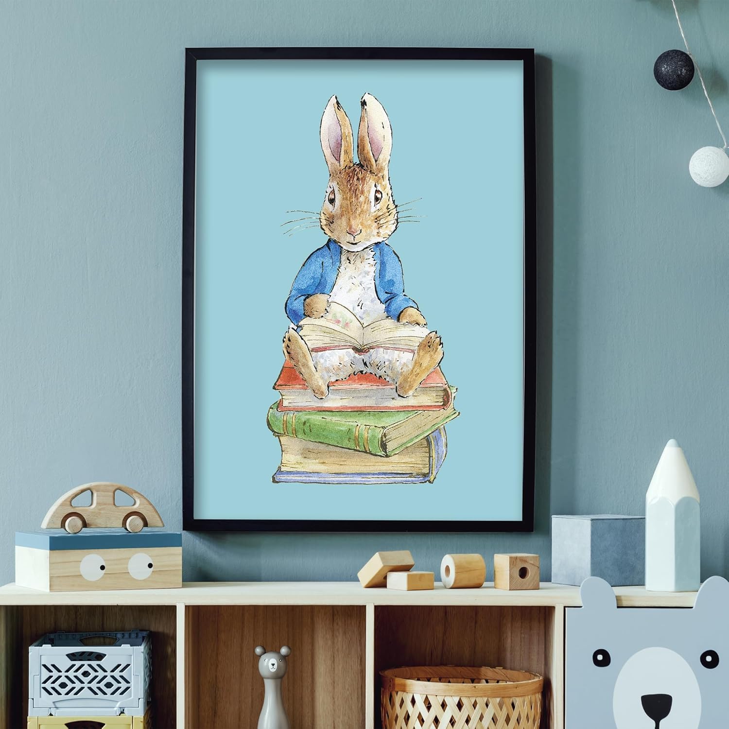 Themed Peter Rabbit Print - Peter Sitting on Books Nursery Wall Art (A3-29.7cm x 42cm)