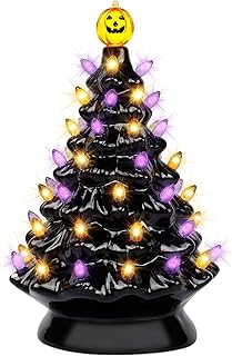 yofit Halloween Decorations 9 Inch Ceramic Tree, Pre-Lit Pumpkin Tabletop with Purple Orange Lights for Kitchen Home Holid...