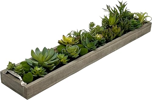 Galt International Bandeja de madera de 31 pulgadas con asas para suculentas surtidas de imitación  Bandeja de madera gris, musgo verde artificial,