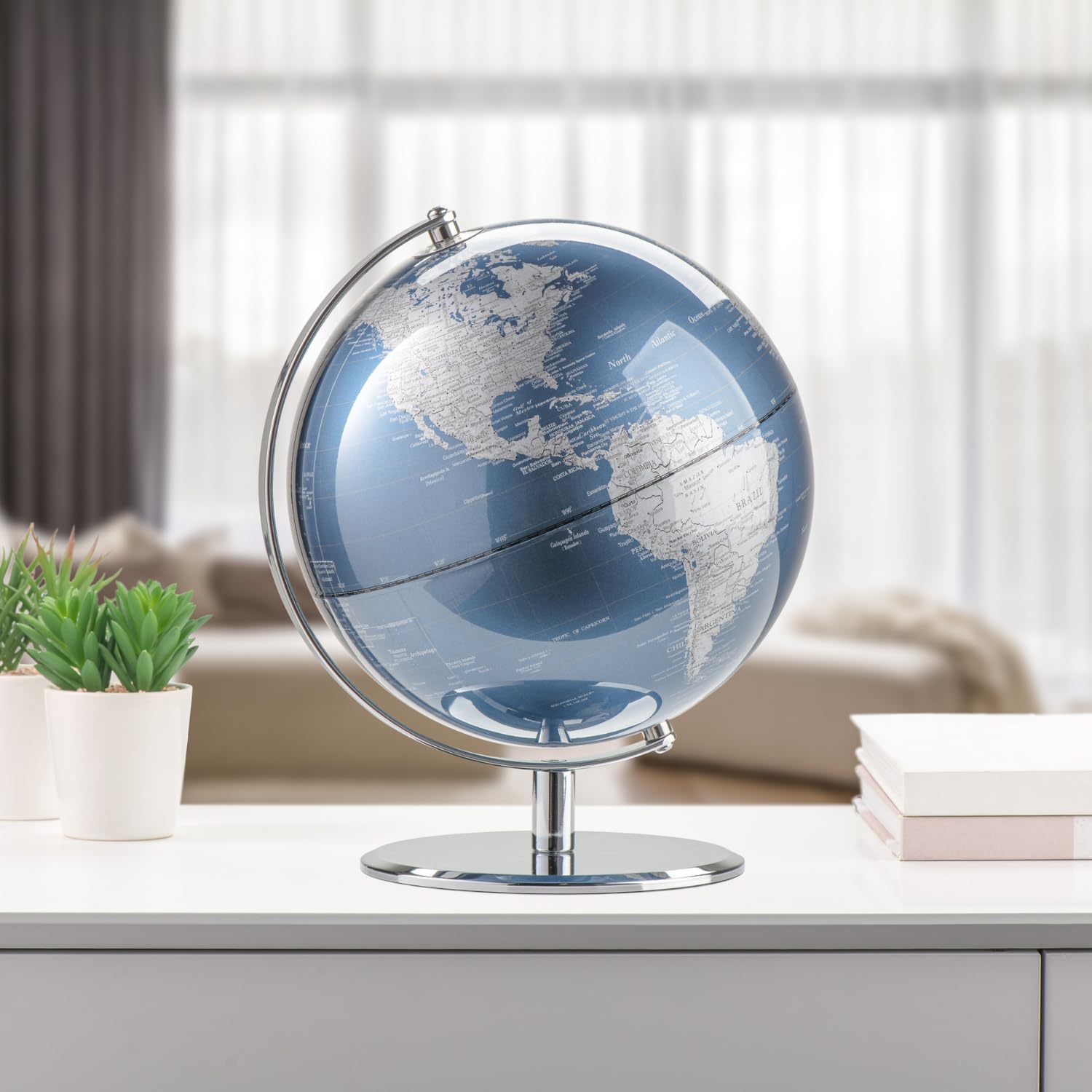 Unique Art Since 1996 Globo In Pietre Dure Con Supporto In Lega Di Zinco - Blu Oceano Perla, 22 Cm