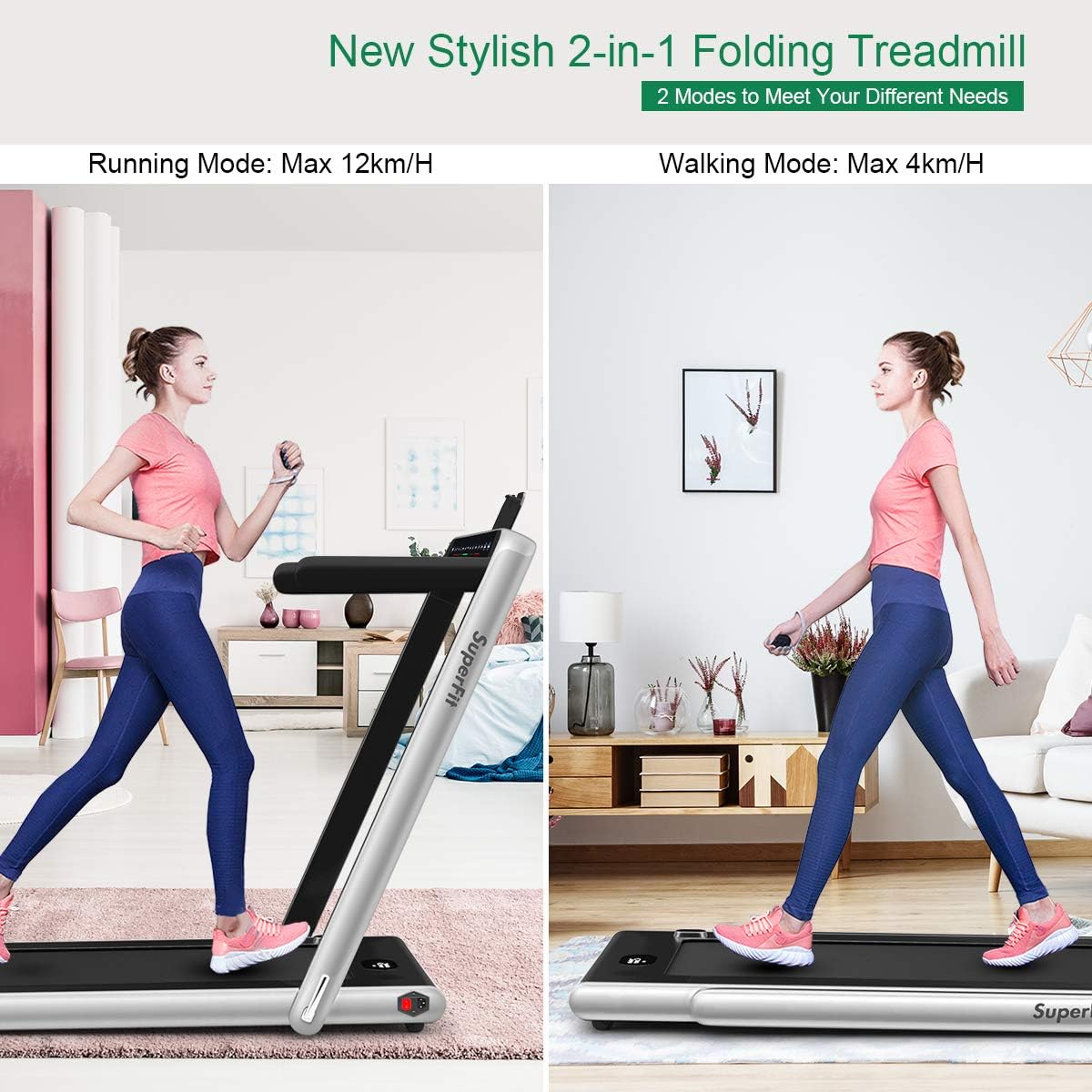 DORTALA 2-in-1 Folding Treadmill showing running mode with handles up and walking mode with handles down.