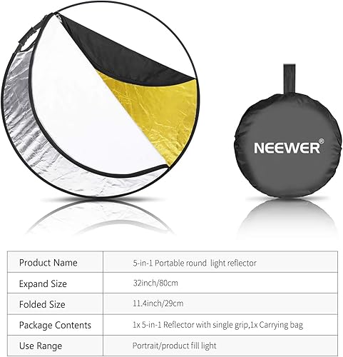 Miniatura 8 de Neewer Reflector de luz portátil redondo 5 en 1 de 32 pulgadas31.5 in, multidisco plegable con un solo agarre y bolsa para iluminación de fotografía