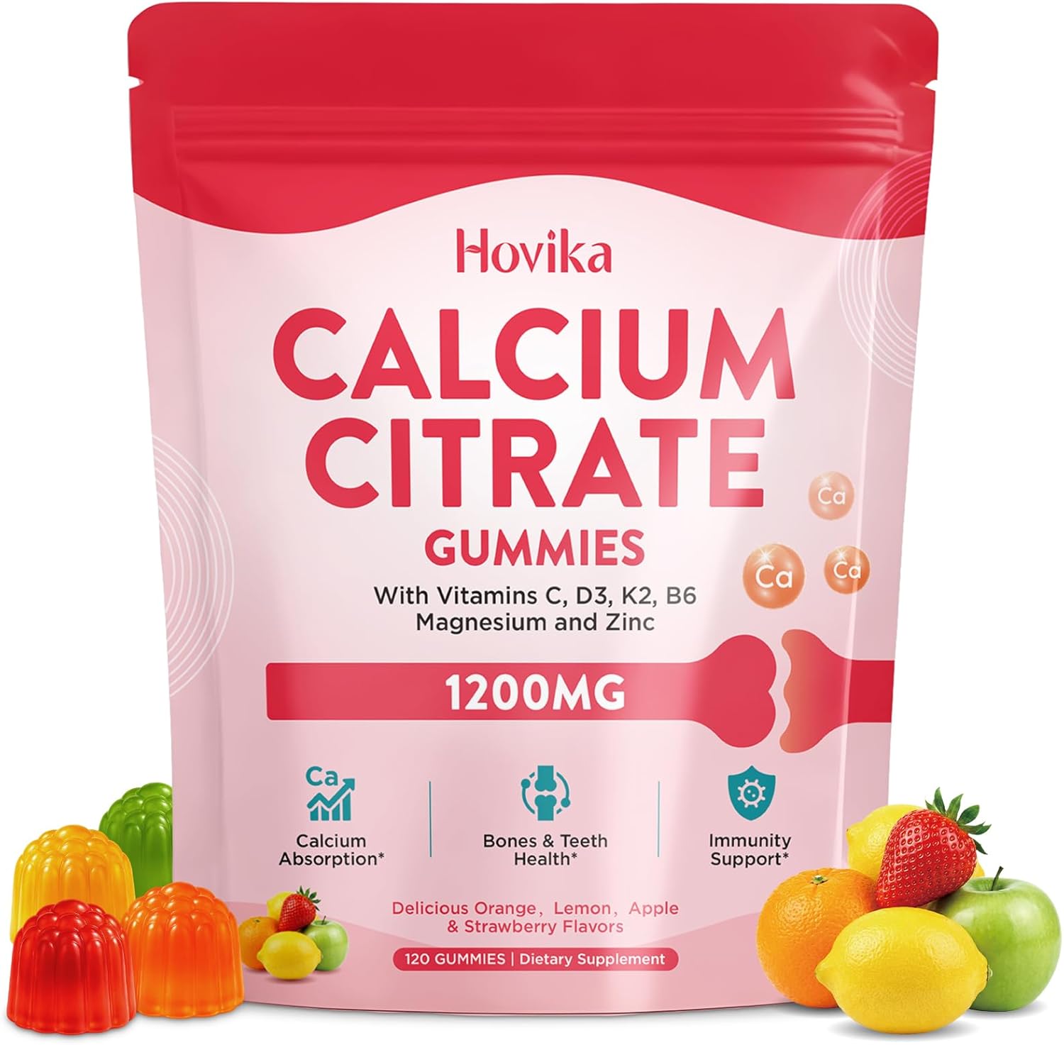 Calcium Citrate Gummies Supplements for Women & Men, Calcium 1200mg with Vitamin D3, K2, Magnesium, Zinc, Boron, Silicon for Bone, Muscle Healthy & Immune, Sugar Free, Mixed Fruits Flavors, 120 Count