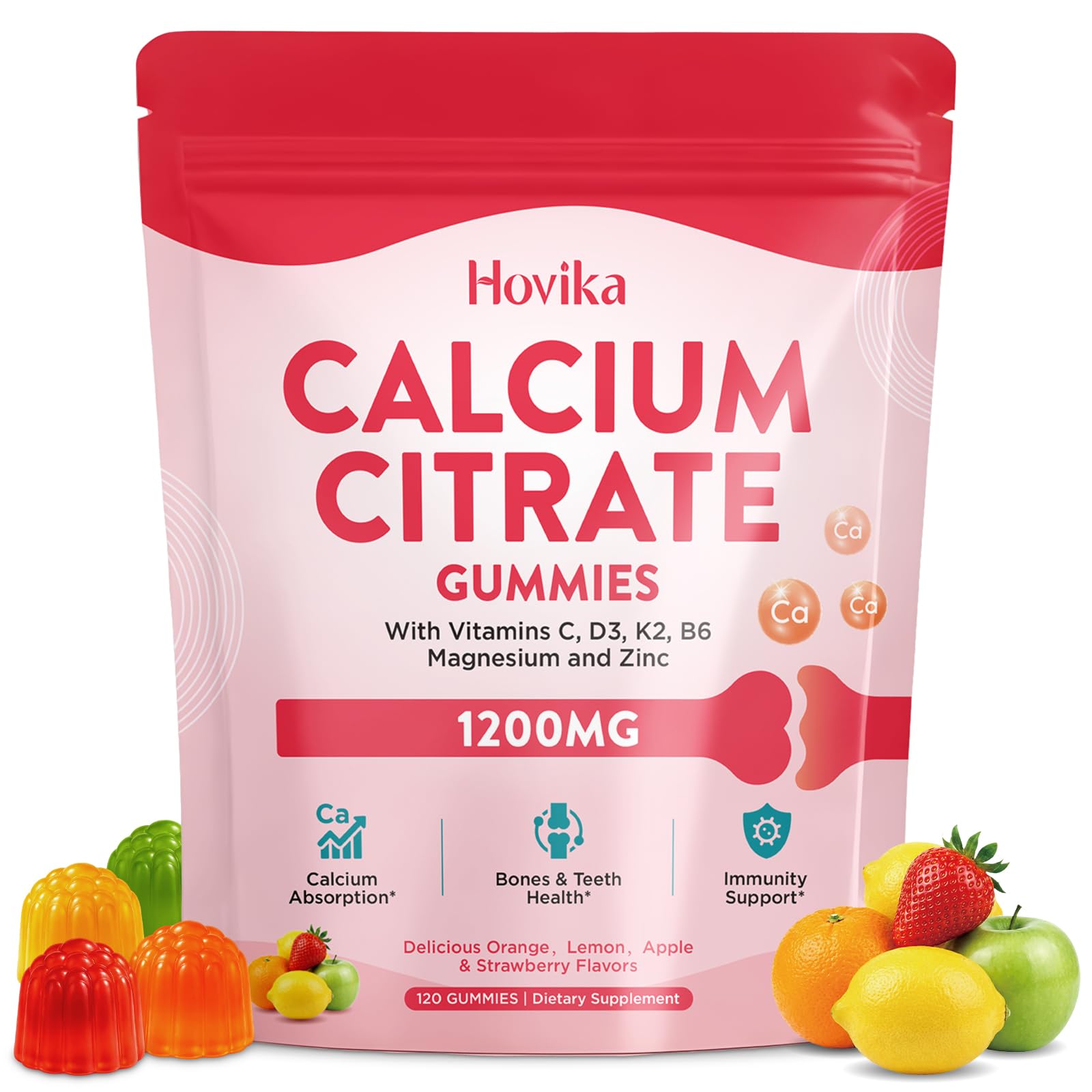 Calcium Citrate Gummies Supplements for Women & Men, Calcium 1200mg with Vitamin D3, K2, Magnesium, Zinc, Boron, Silicon for Bone, Muscle Healthy & Immune, Sugar Free, Mixed Fruits Flavors, 120 Count