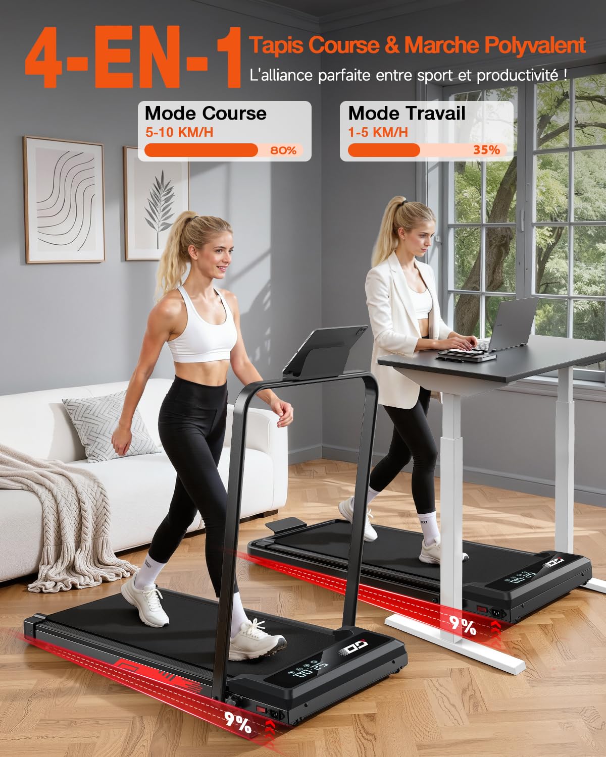 Tapis de Course Pliable 4 en 1 avec Pente 9%, Tapis de Marche Électrique 1-10 km/h, Moteur sans Balais Silencieux 3,0 CV, Walking Pad, Charge Max. 140 kg, Écran LED, Télécommande, Amorti Antichoc