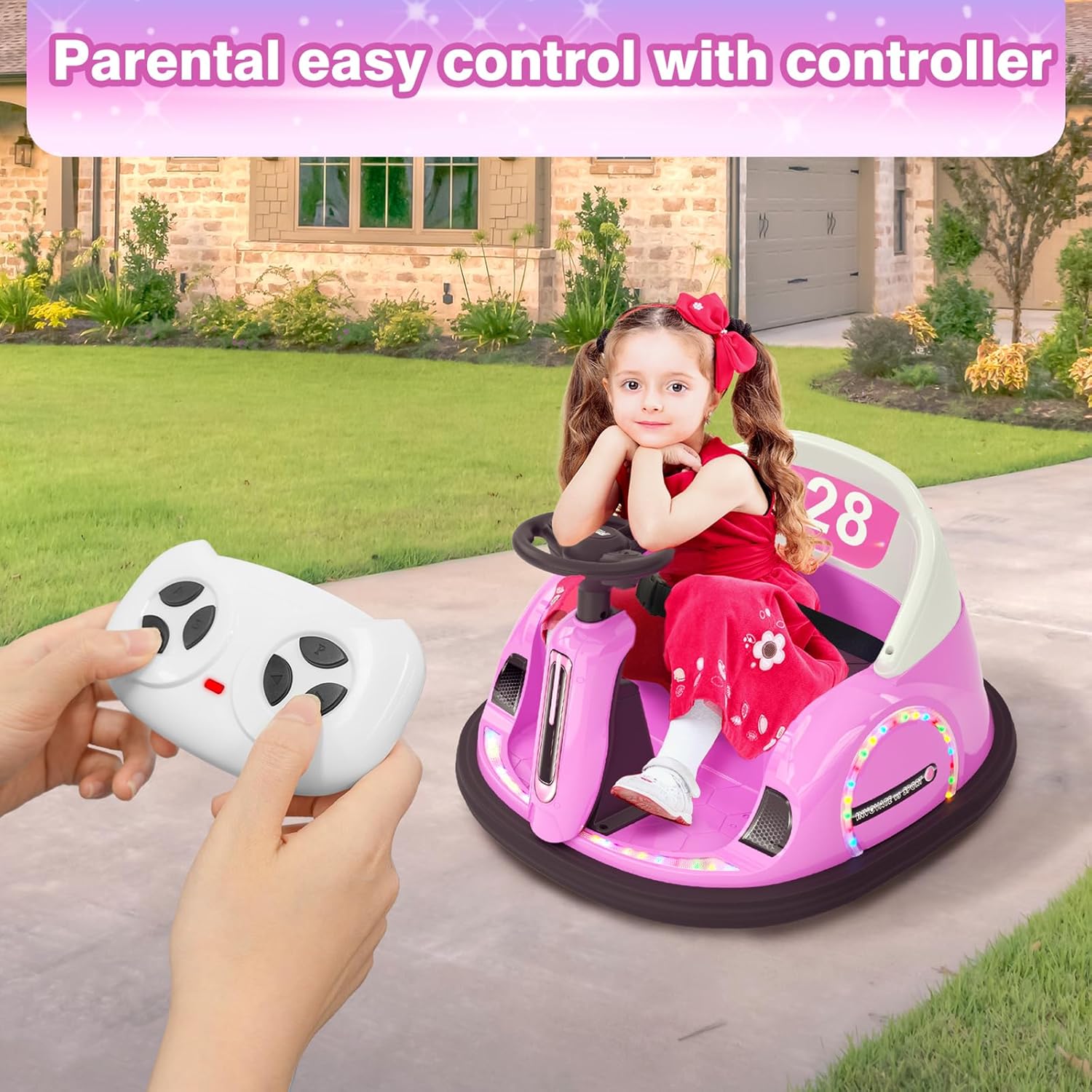 KORIMEFA 12V Electric Ride On Bumper Car for Kids & Toddlers 1.5-5 Years Old, Baby Bumping Toy W/Remote Control, Steering Wheel, LED Lights & 360 Degree Spin, Pink