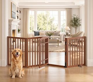 Homykic Dog Gate Indoor, 94.5" W x 30" H Extra Wide Foldable Bamboo Pet Gate with Door, No Assembly Freestanding Dog Fence with 2 Support Feet & 360°Hinges for Doorways Hallways (Walnut, 4 Panels)