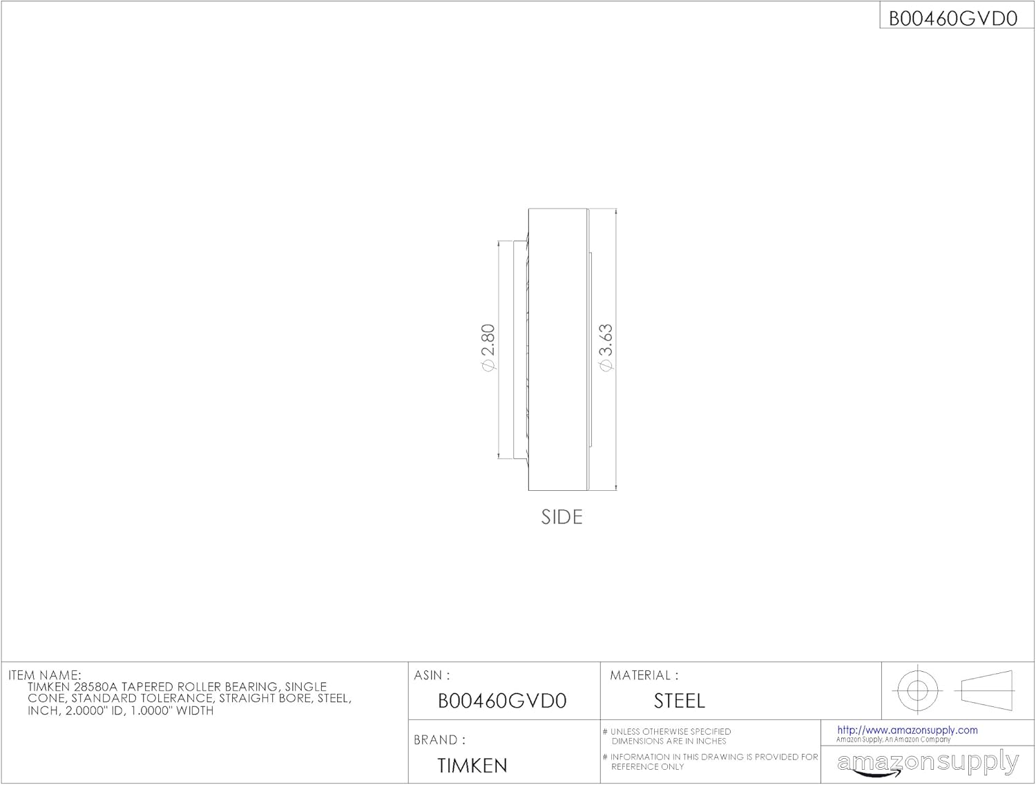 Timken Tapered Roller Bearing Cone - 28580A