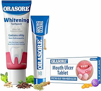 Orasore Perfect Trio Combo | Mouth Ulcer Gel 12g + Mouth Ulcer Tablets (10) with Free Pen + nHAp Whitening Toothpaste 100g | Radiant Smile, Oral Ulcer Control & Probiotic Support