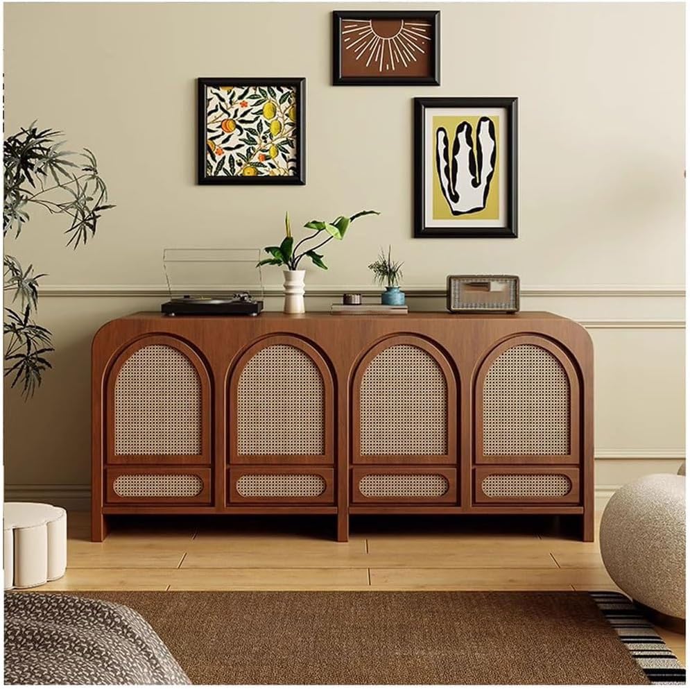 Gabinete de buffet de estilo francés antiguo con puertas de madera de ratán, gabinete de almacenamiento vintage para sala de estar, armario de té decorativo con cuatro puertas, 160 x 40 x 100 cm