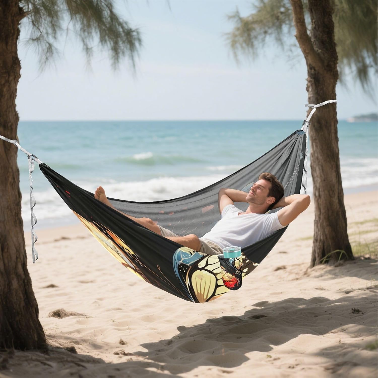 ALAZA Butterfly Couple Camping Hammocks Single or 2 Person 500 lbs Portable Parachute Travel Hammock w/Tree Straps for Hiking Backpacking Indoor Outdoor