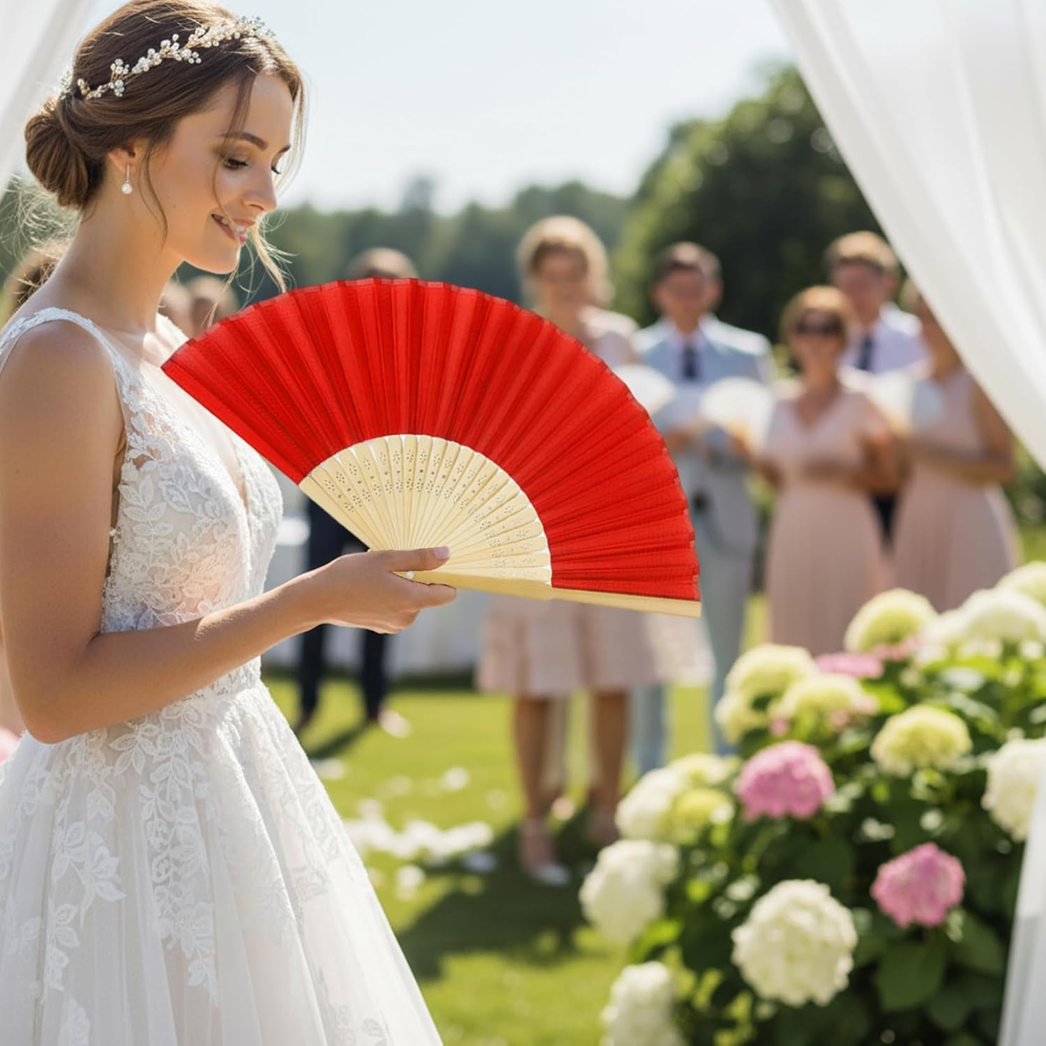 50-Pack Folding Hand Fans, Bamboo Silk Wedding Fans for Guests, Portable 15-Inch Decorative Chinese for Party Favors & Home Decor, Red, Homeused