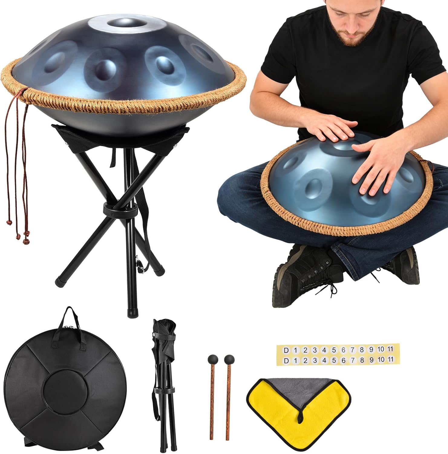 Music Handpan 18 In,440Hz Classic G Minor 9 Notes Music Instrument Hand Pan,with Drum Storage Bag,Mallet,Braid,Stand,Sound Stickers,Cleaning Cloth for Children,Adults,Blue